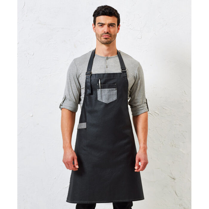 Division waxed-look denim bib apron with faux leather Thumbnail