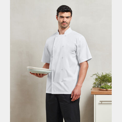 Kitchen Cook Workwear Premier Studded Front Short Sleeve Chef's Jacket PR664 